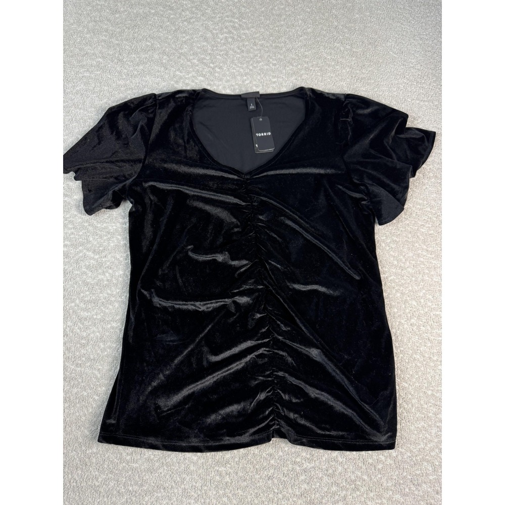 Torrid Shirt Womens 1X Black Velvet Stretch Ruched Front Flutter Sleeve V Neck